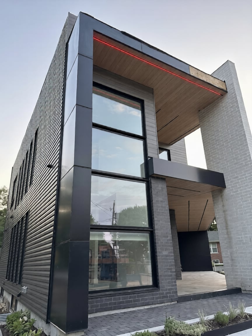 Façade résidentielle moderne avec panneaux composites Ahlum noir